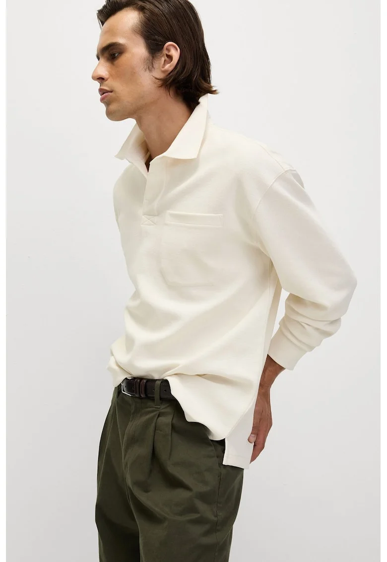 Bluza polo cu buzunar pe piept, Alb fildes