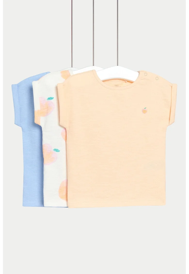 Set de tricou din bumbac - 3 piese, Albastru pastel/Piersica/Alb murdar