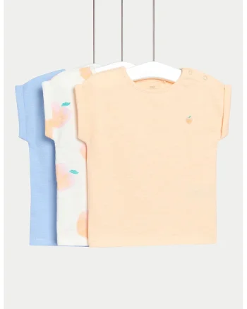 Set de tricou din bumbac - 3 piese, Albastru pastel/Piersica/Alb murdar