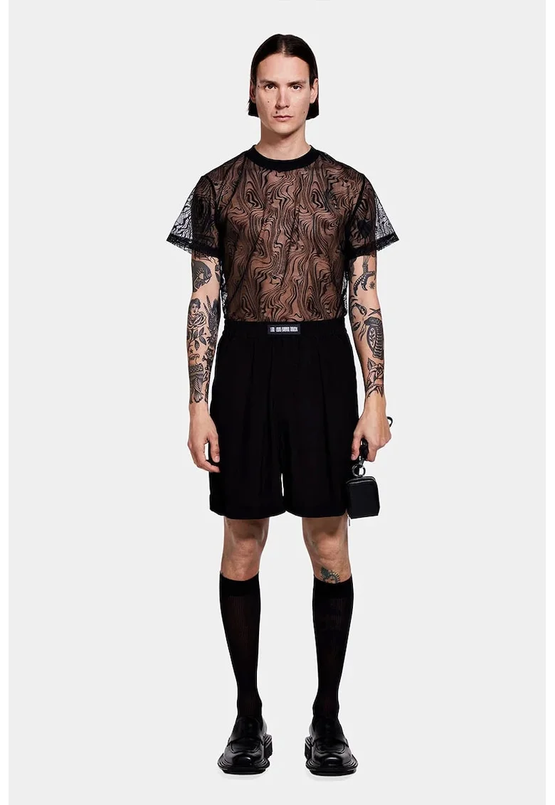 Tricou din dantela cu croială dreaptă, Negru
