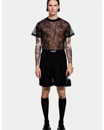 Tricou din dantela cu croială dreaptă, Negru