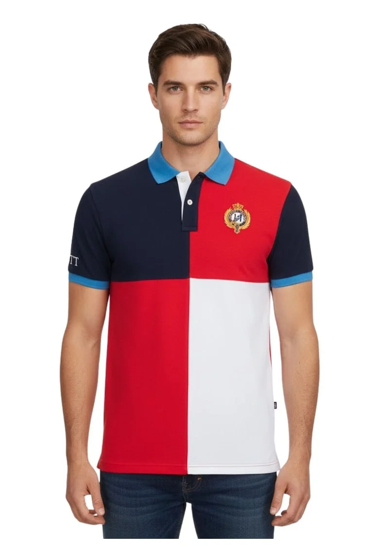Tricou polo barbati,  bumbac, albastru, Rosu/Alb/Bleumarin