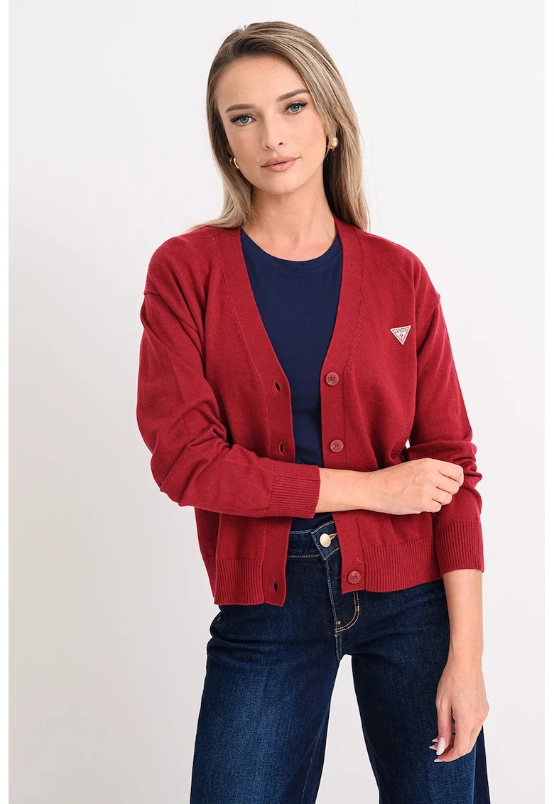 Cardigan cu decolteu in V si logo, Rosu inchis