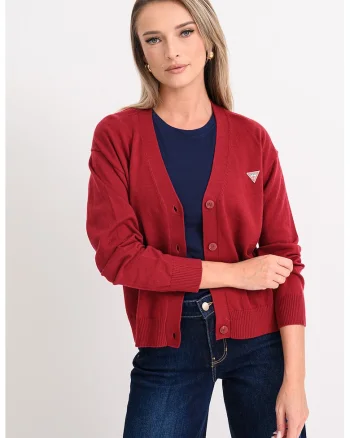 Cardigan cu decolteu in V si logo, Rosu inchis