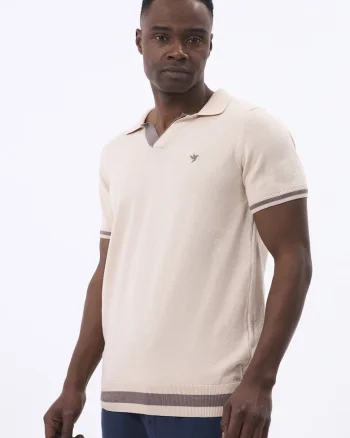 Tricou polo tricotat fin, Bej/Bej inchis