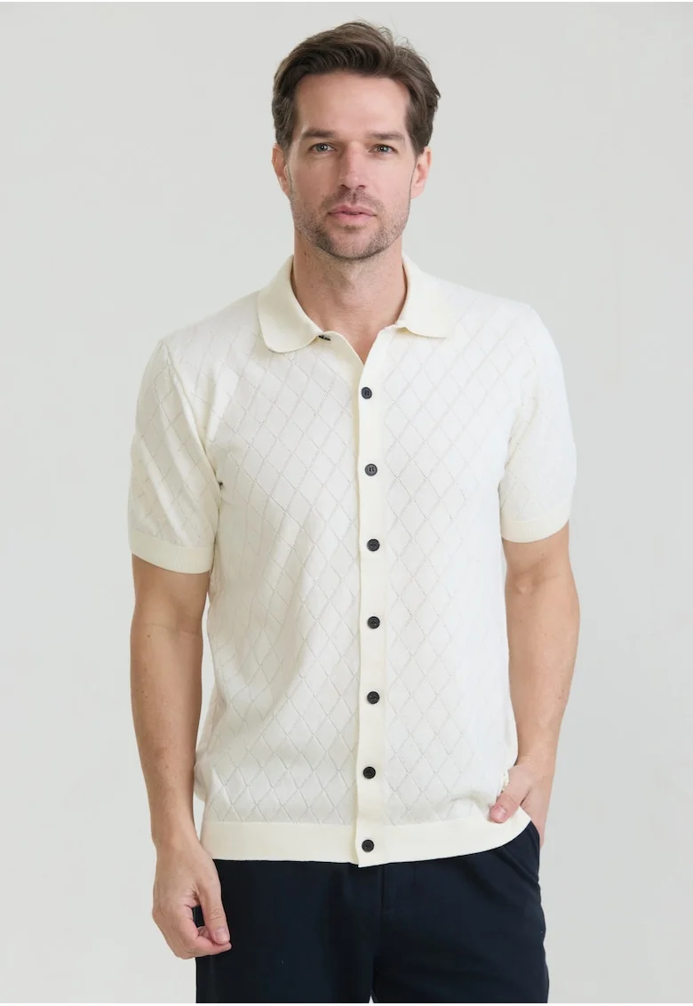 Tricou polo cu nasturi, Alb fildes