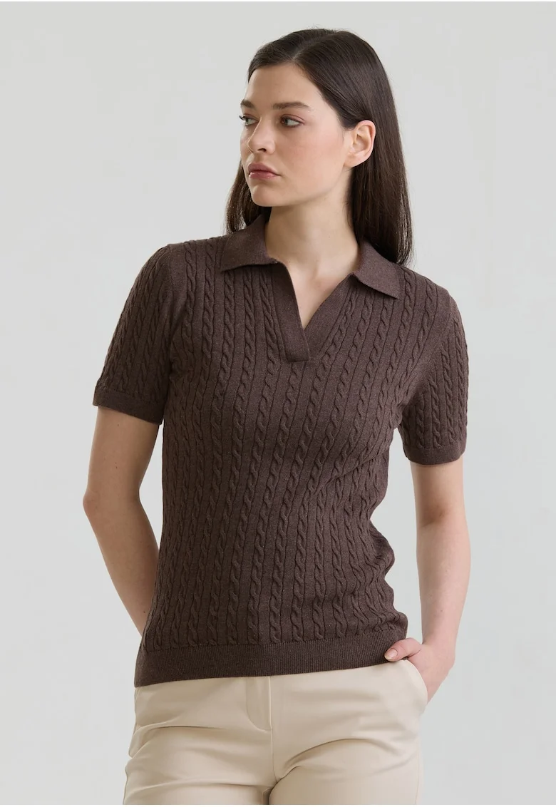 Tricou polo slim fit cu torsade, Maro inchis