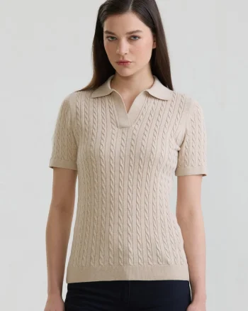 Tricou polo slim fit cu torsade, Bej inchis