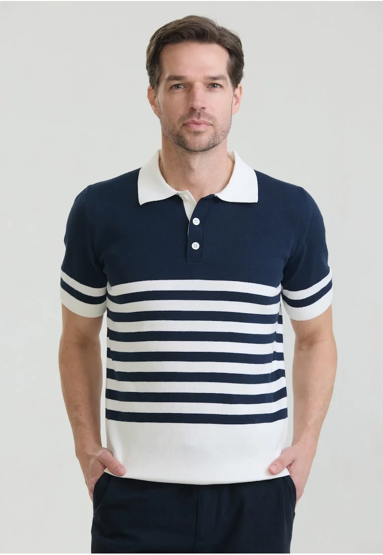 Tricou polo de bumbac cu dungi, Alb/Bleumarin