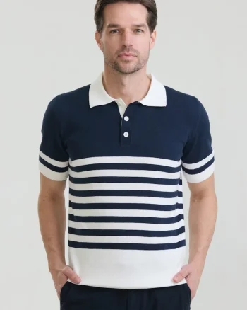 Tricou polo de bumbac cu dungi, Alb/Bleumarin