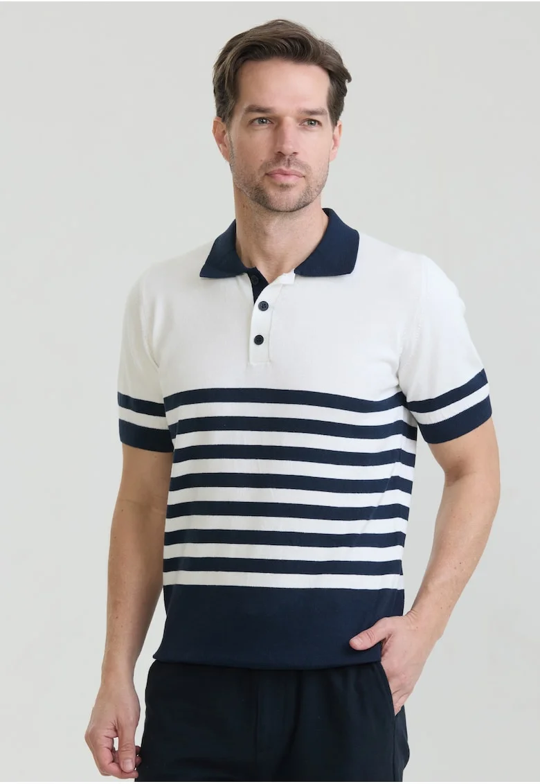 Tricou polo de bumbac cu dungi, Alb/Albastru ultramarin