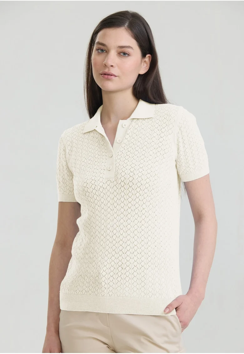 Tricou polo cu perforatii, Alb fildes