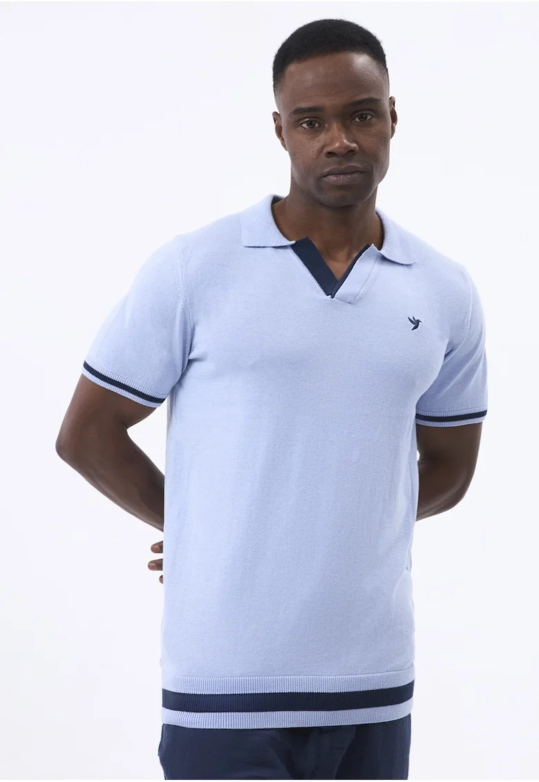 Tricou polo tricotat fin, Albastru deschis/Bleumarin