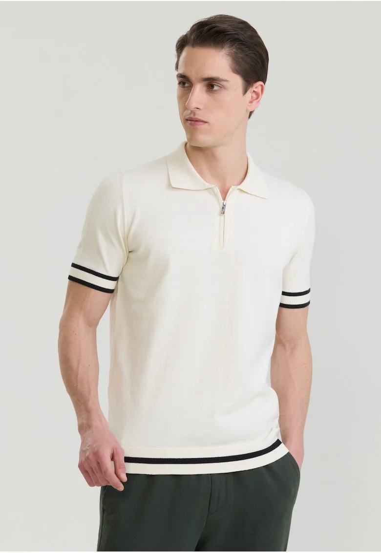 Tricou polo de bumbac cu fenta cu fermoar, Alb fildes/Negru