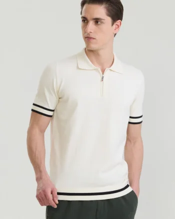 Tricou polo de bumbac cu fenta cu fermoar, Alb fildes/Negru