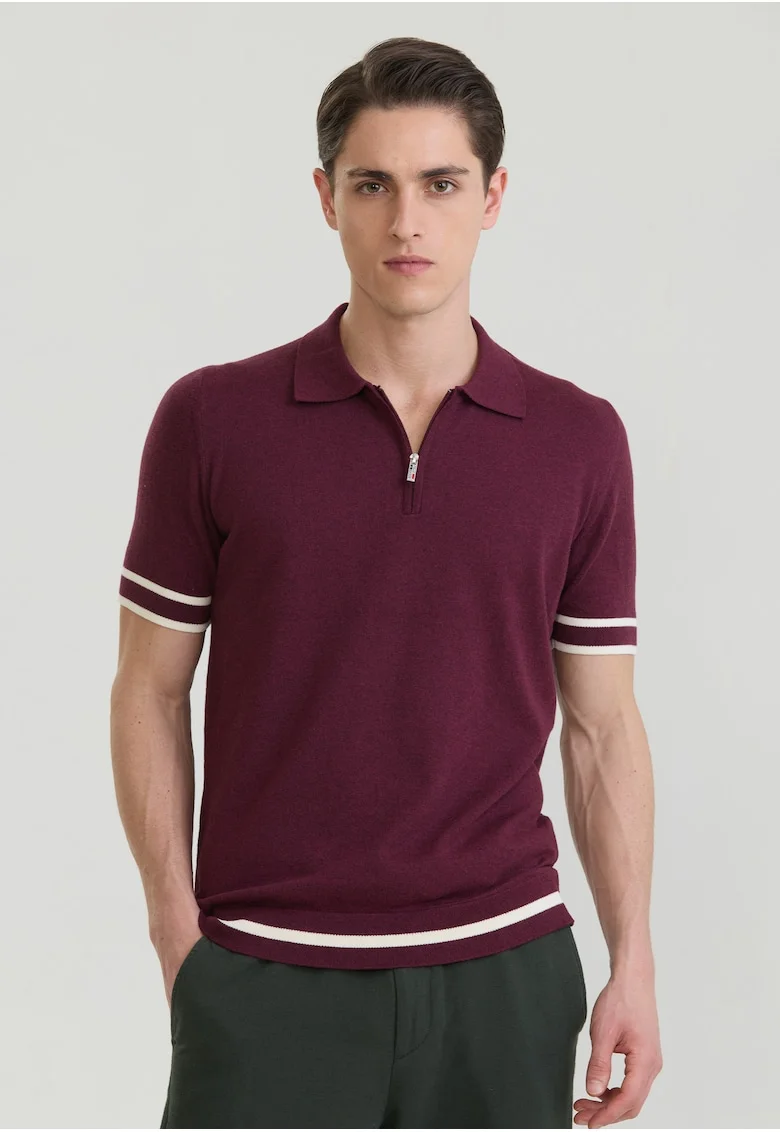 Tricou polo de bumbac cu fenta cu fermoar, Alb/Violet tyrian