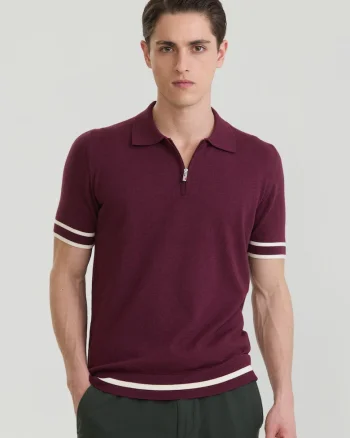 Tricou polo de bumbac cu fenta cu fermoar, Alb/Violet tyrian