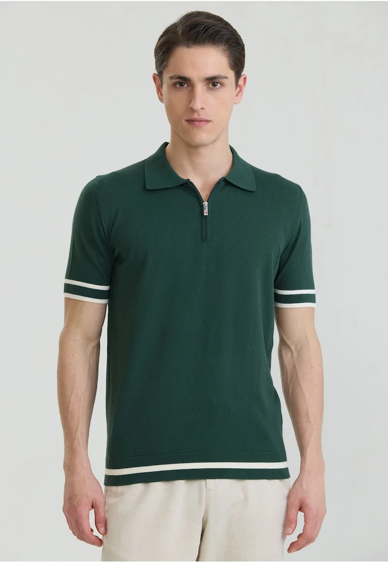 Tricou polo de bumbac cu fenta cu fermoar, Alb/Verde englez
