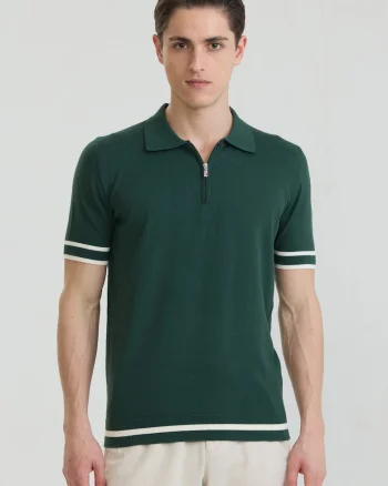 Tricou polo de bumbac cu fenta cu fermoar, Alb/Verde englez