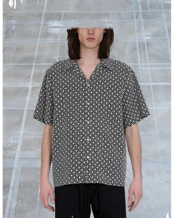 Cămașă cu cut drept și imprimeu floral brodat, Negru