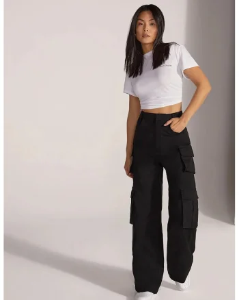 ,Pantaloni cargo cu talie înaltă FD, Negru