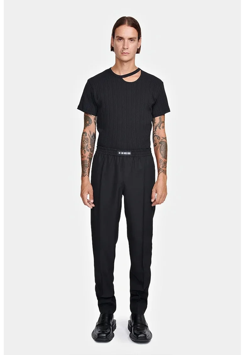 ,Pantaloni drepți cu elastic în talie si imprimeu cu logo pe elastic