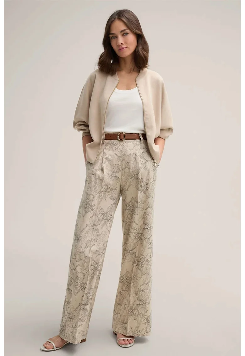 ,Pantaloni largi cu talie înaltă și imprimeu floral, Bej