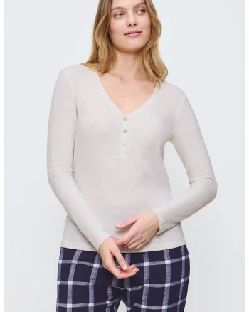 Bluza de pijama cu decolteu in V si fenta cu nasturi, Crem