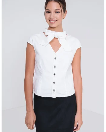 Bluza din amestec de bumbac cu panglica, Alb murdar