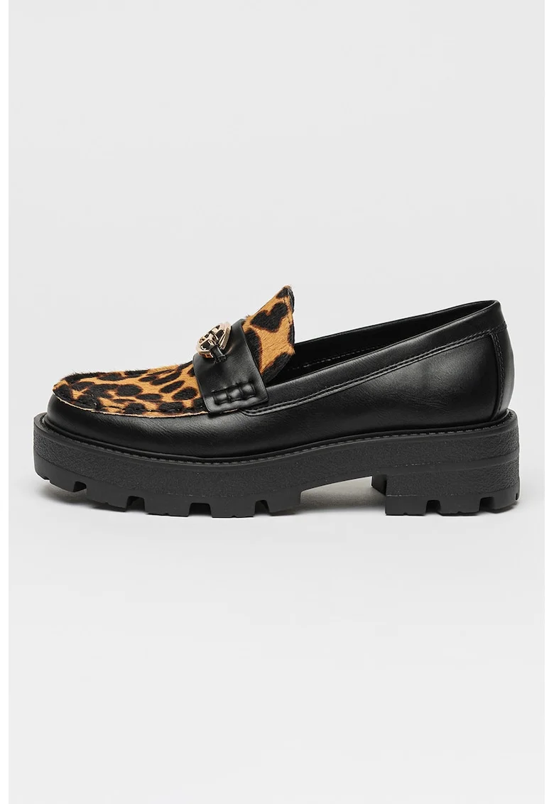 Pantofi loafer de piele si piele ecologica cu garnituri cu imprimeu, Maro inchis/Negru/Bej