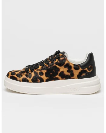 Pantofi sport cu animal print si piele cu par scurt, Maro inchis/Bej