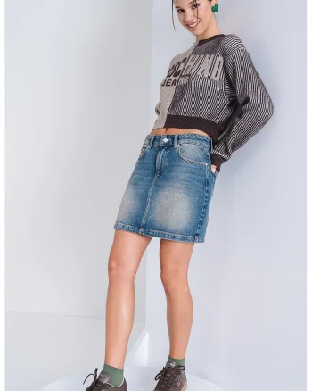 Fusta dreapta din denim cu aspect decolorat, Albastru melange