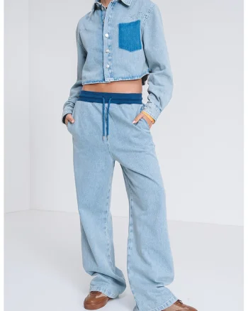 Pantaloni jogger din denim cu snur, Albastru deschis melange