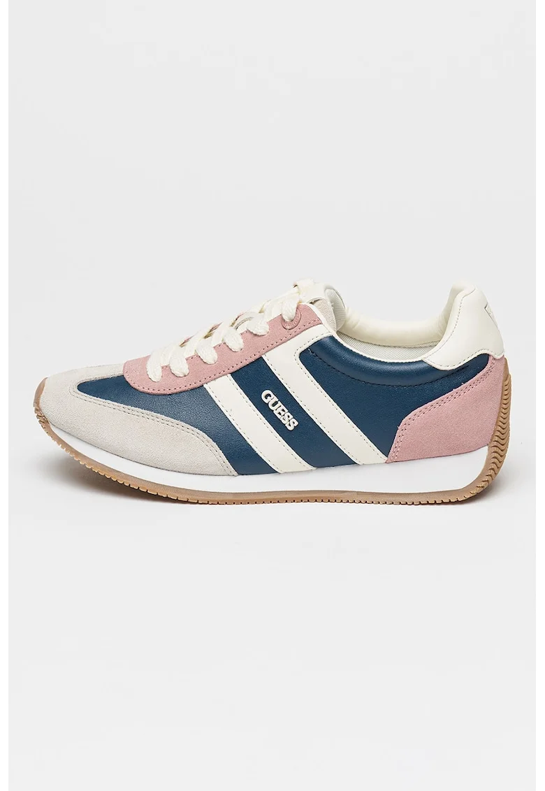 Pantofi sport de piele ecologica si piele intoarsa cu model colorblock, Alb fildes/Albastru inchis/Roz
