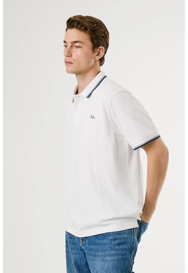 Tricou polo regular fit cu terminatii contrastante, Alb optic/Albastru deschis