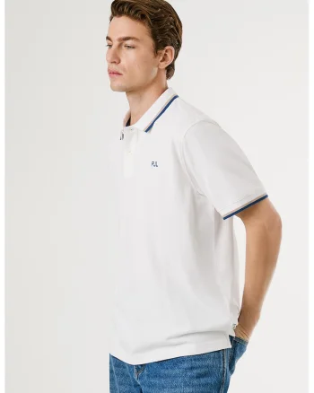 Tricou polo regular fit cu terminatii contrastante, Alb optic/Albastru deschis