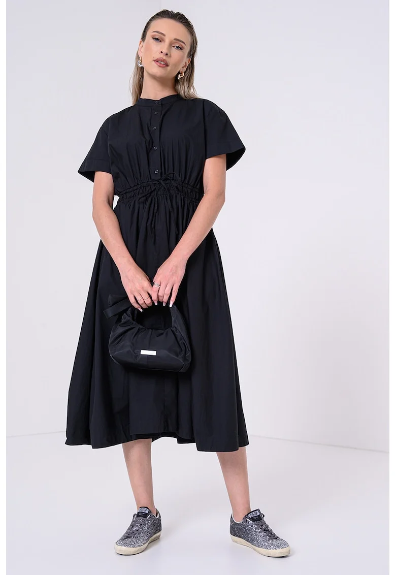 Rochie din amestec de bumbac organic cu snur in talie, Negru/Negru stins