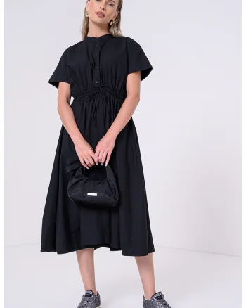 Rochie din amestec de bumbac organic cu snur in talie, Negru/Negru stins