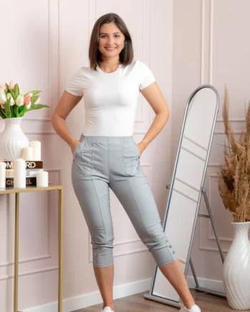 Pantaloni dama 3 4 Jenny gri cu talie elastica si fermoare decorative