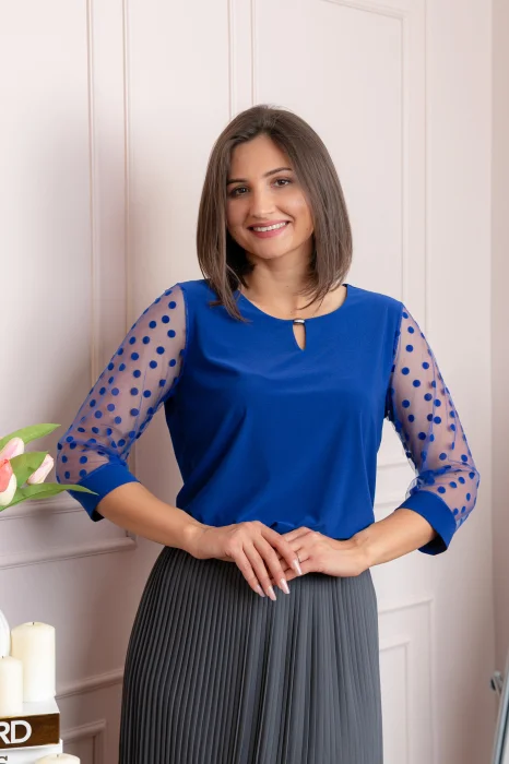 Bluza albastru regal dama Bridget cu maneci transparente cu buline