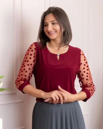 Bluza grena dama Bridget cu maneci transparente cu buline