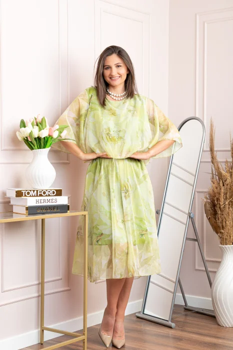 Rochie dama Theresa din voal cu imprimeu floral verde lime