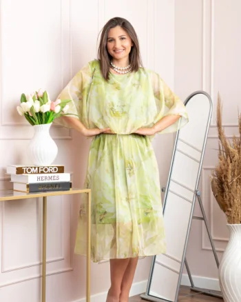 Rochie dama Theresa din voal cu imprimeu floral verde lime