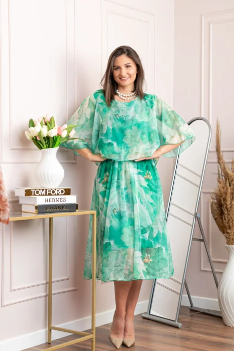 Rochie dama Theresa din voal cu imprimeu floral turcoaz