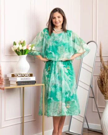 Rochie dama Theresa din voal cu imprimeu floral turcoaz