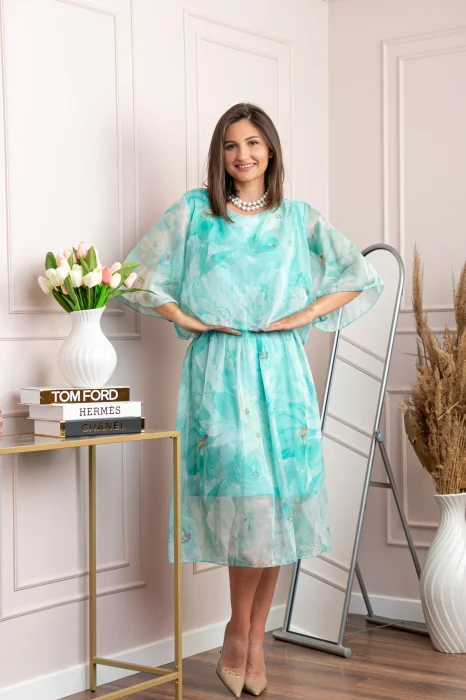 Rochie dama Theresa din voal cu imprimeu floral turcoaz aqua