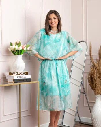 Rochie dama Theresa din voal cu imprimeu floral turcoaz aqua