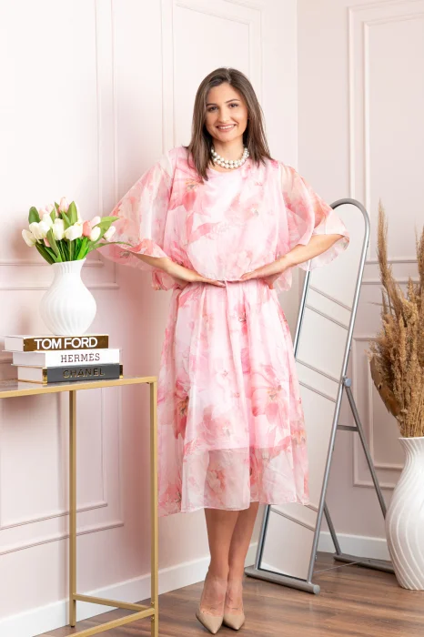 Rochie dama Theresa din voal cu imprimeu floral roz pastel