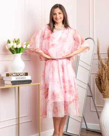 Rochie dama Theresa din voal cu imprimeu floral roz pastel