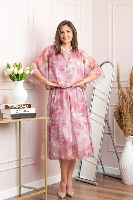 Rochie dama Theresa din voal cu imprimeu floral roz pudrat